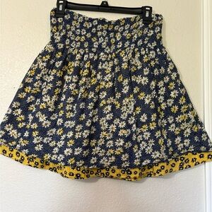 J Jill Butter Yellow and Blue Floral Double Layer Cotton Mini Skirt with Smocked